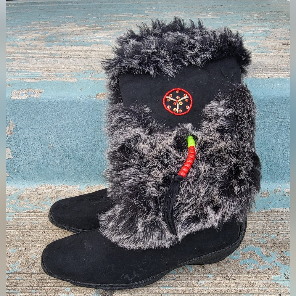 "Faux Furry" Black and Gray Wedge Vegan Boots